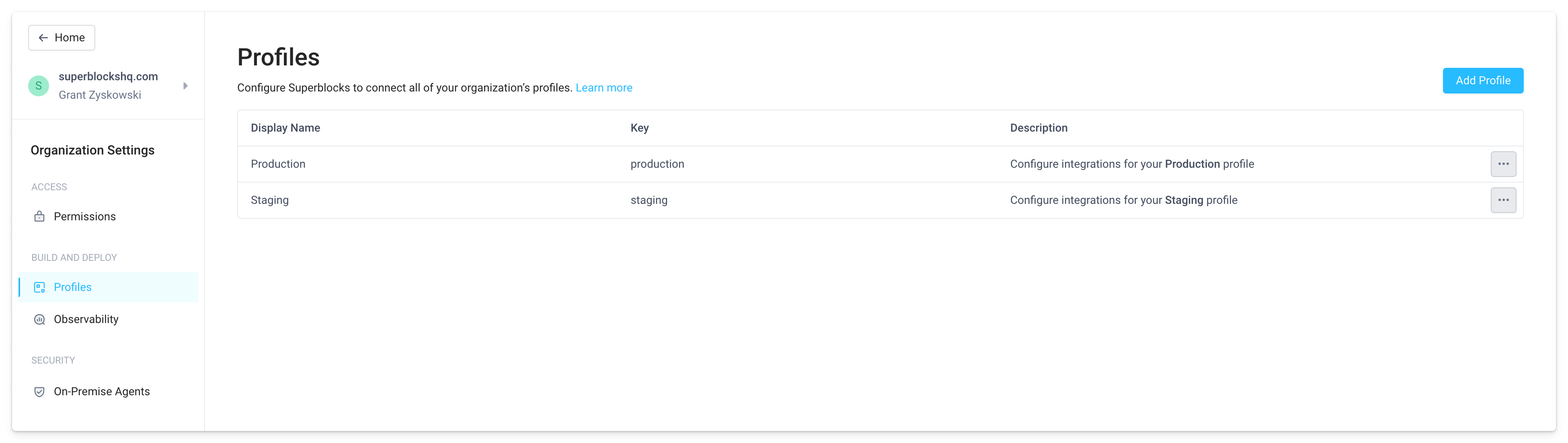 Profile configuration page default production and staging profiles